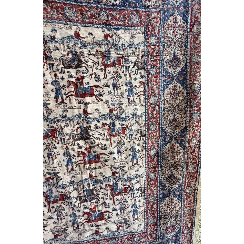 Antique Persian Fringed Cloth Tapestry Qajar Hunting & Polo Scene 52 X 52